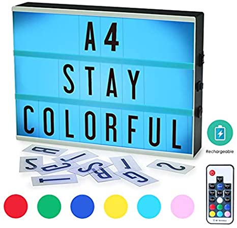 Color Changing Light Box,ROTEK A4 Wireless 1200mA Built-in Battery Cinema Light Box with Letters,189 Total Letters, 7 Colors Remote-Controlled Combination DIY LED Cinema Light Box