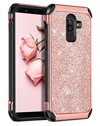 BENTOBEN Case for Samsung J8 2018, 2 in 1 Slim Glitter Bing Hybrid Hard PC Soft Rubber Heavy Duty Bumper Shockproof Full Body Protective Phone Cover for Samsung Galaxy J8 2018, Rose Gold