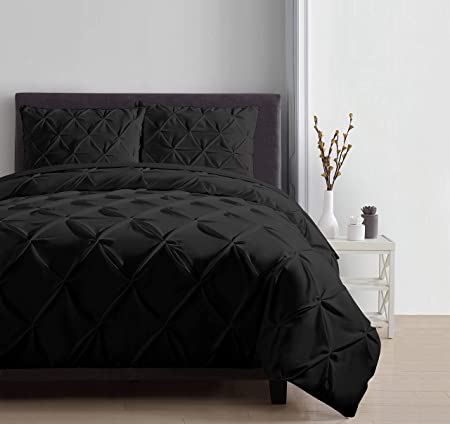 Pinch Pleated Duvet Cover Set 3 Piece 100% Egyptian Cotton 800 Thread Count Box Pintuck with Zipper Closure & Corner Ties Duvet Cover, King/California King (94" x 104") Black Solid
