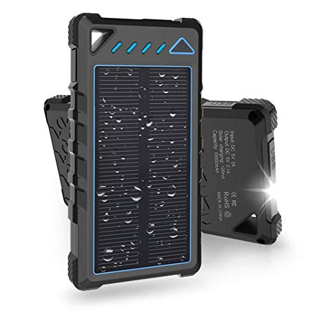 Hobest Solar Charger 10000mAh,Waterproof Outdoor Solar Power Bank with LED Flashlight,Dual USB Portable Charger Solar for Smartphones,GoPro Camera,GPS and Emergency Travel (Light Blue)