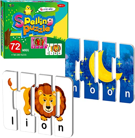 72 Word Spelling Puzzles with Error-Correction Mechanism in 4 Pieces, Perfect for Preschool Learning (36 Block Double Sided)