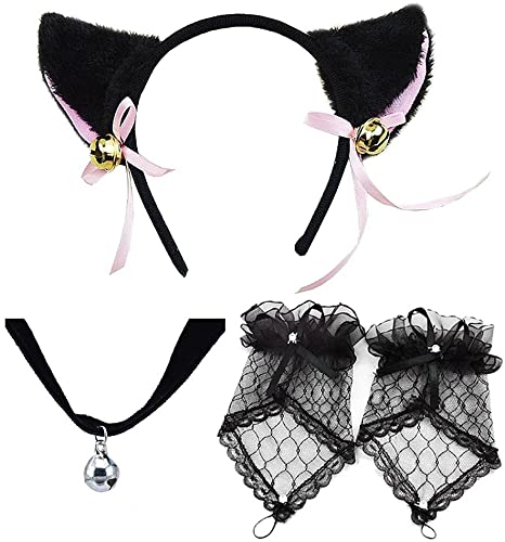Ztl Cat Ears Headband Bell Choker Lace Fingerless Gloves Set for Cosplay Costume
