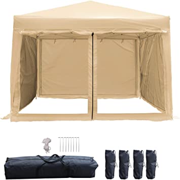 LAZZO 10x10ft Pop up Canopy Tent, Portable Commercial Outdoor Canopy Shelter with Carry Bag, 4 Removable Sidewall Contain Mesh Wall, 4 Weight Bags Without Sand, 8Stakes&4Ropes, Beige