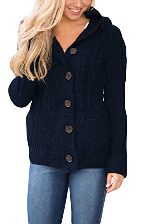 Annflat Women's Hooded Cable Knit Button Down Cardigan Sweaters Fleece Jackets(7 Color,XS-XXL)