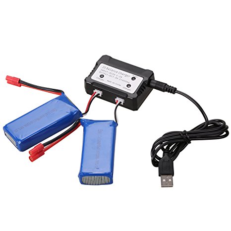 Holy Stone 2-In-1 Battery Charger and 2Pcs 7.4V 2000mAh Rechargeable Li-Po RC Drone Batteries for HS300,HS400