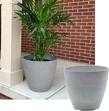 15-in. Round Faux Stone Resin Garden Potted Planter Flower Pot Indoor Outdoor, Grey