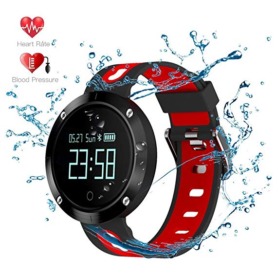 Evershop Waterproof Smart Watches Fitness Tracker OLED Screen Activity Tracker with Blood Pressure Monitor Heart Rate Monitor Sleep Tracker Pedometer for iOS and Android(Black-Red)