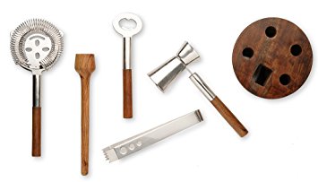 Francois et Mimi Stainless Steel Cocktail Bar Tool Kit Set; Includes Ice Tongs, Muddler, Stirring Spoon, Strainer, and Bar Key / Bottle Opener with Unique Wood Storage Rack