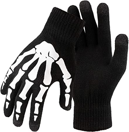 Cooraby 3 Pairs Unisex Halloween Touchscreen Skeleton Gloves Full Finger Skeleton Pattern Glow in The Dark Gloves