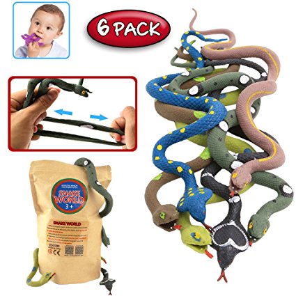 Rubber Snake,14 Inch Snake Toy Set(6 Pack),Food Grade Material TPR Super Stretchy,With Learning Card,ValeforToy Realistic Fake Snake Figure Keep Bird Away Bathtub Garden Rainforest Squishy Reptile Toy