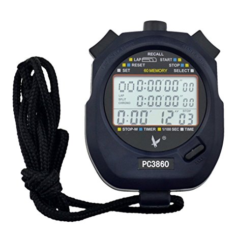 Ckeyin ® Professional Digital Handheld LCD Chronograph Timer Sports Stopwatch, Three-Row 60 Memories Lap counter Running timer