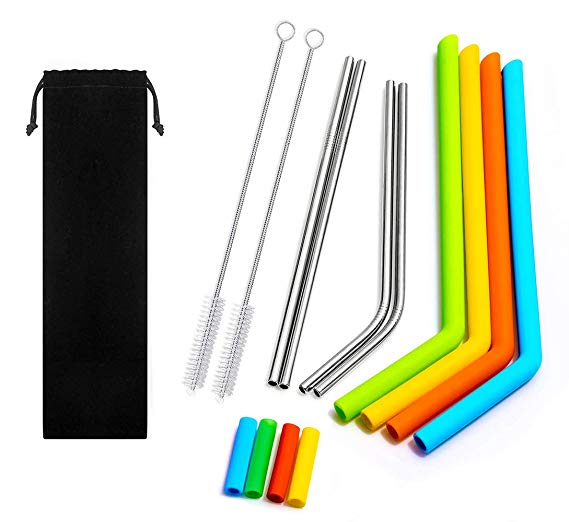 Reusable Straws with Case, 4PCS Stainless Steel Straws & 4PCS Silicone Straws for 30 oz&20 oz Tumblers, Straws Drinking Reusable Fits RTIC&YETI Cups with 2 Brushes   4 Silicone Tips