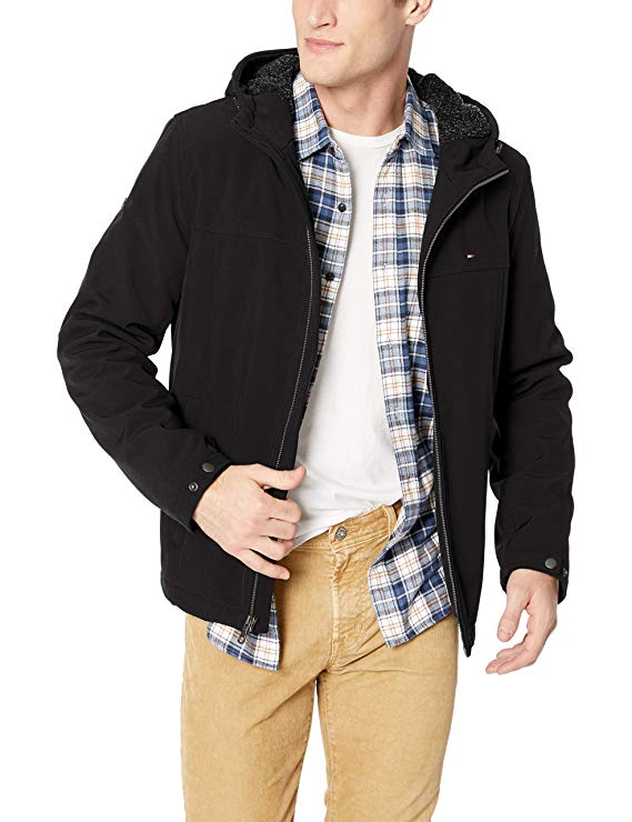 Tommy Hilfiger Men's Filled Soft Shell Hooded Open Bottom Jacket with Full Sherpa Lining