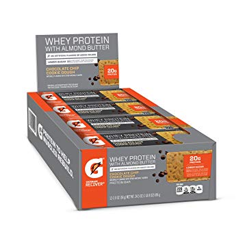 Gatorade Whey Protein With Almond Butter Bars, Chocolate Chip Cookie Dough, 2.0 oz bars (Pack of 12, 20g of protein per bar)