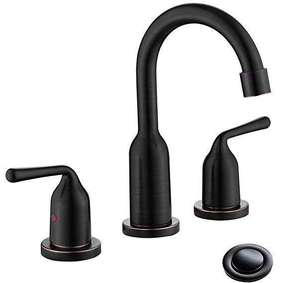 PHIESTINA Oil Rubbed Bronze 8 Inch 3 Hole Two Handle Widespread Bathroom Sink Faucet, With Valve and Metal Pop Up Drain