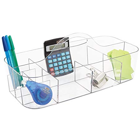 mDesign Large Office Storage Organizer Utility Tote Caddy Holder with Handle for Cabinets, Desks, Workspaces - Holds Desktop Office Supplies, Gel Pens, Pencils, Markers, Staplers - Clear