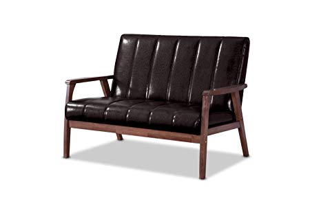 Baxton Studio Nikko Mid-Century Modern Scandinavian Style Dark Brown Faux Leather Wooden 2-Seater Loveseat