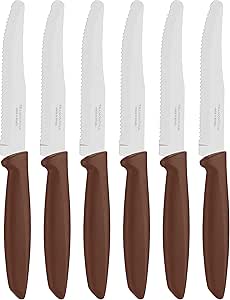 Tramontina Kitchen Knives Set of 6, Serrated Fruit Tomato Cooking Knife, Vegetable Chopper Peeler, Stainless Steel, Multipurpose, Rounded Tip, Brown, 23498455