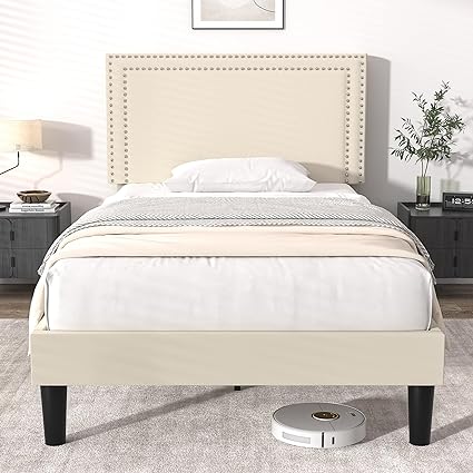 VECELO Twin Size Bed Frame Velvet Upholstered Platform with Headboard, Modern Mattress Foundation, Wood Slat Support, No Box Spring Needed, Noise-Free, Easy Assembly