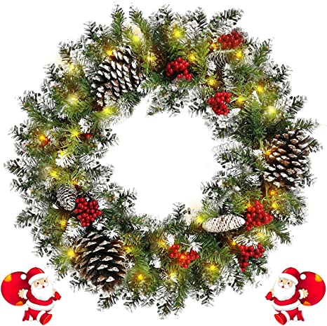 Christmas Wreath Garland Outdoor, Pre-lit Artificial Xmas Garland for Front Door Decor Cars 50 LEDs Lights Battery Operated- Snowflake Pinecone Red Berry Fir Garland(18 in)