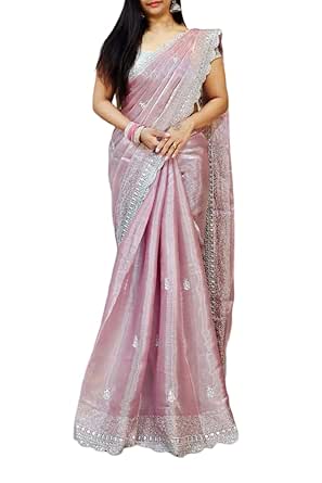 saree Women's And Girls Soft Zimmy choo Silk With 3mm Sequins Embroidery With C-Pallu Work Bollywood Saree