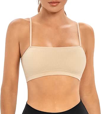 INIBUD Sports Bras for Women Bandeau Padded Ribbed Bralette Adjustable Strap Workout Square Neck Seamless Crop Top Backless