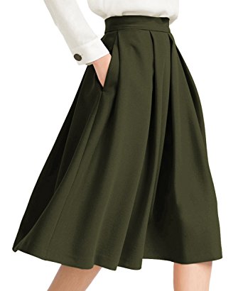 Yige Women's High Waist Flared Skirt Pleated Midi Skirt With Pocket