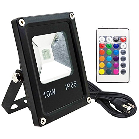 Floodoor RGB LED Flood Light,10W US 3 Prong Plug,Remote Control,16 Colors 4 Models Switchable,Memory Function for Outdoor Lanscape Advertising Garden