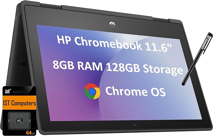 HP Chromebook 11 X360 G3 11.6'' HD 2-in-1 Touchscreen (8-Core MediaTek MT8183, 8GB RAM, 128GB Storage (64GB eMMC   64GB SD Card), Stylus, Webcam, Wi-Fi) Flip, IST Pen, Chrome OS, Black (HP 11MK G3)