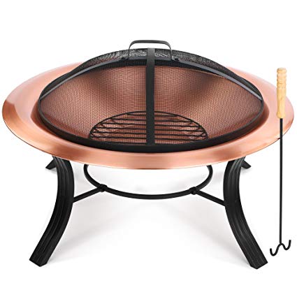 VonHaus Copper Fire Pit Bowl with Spark Guard & Poker – Outdoor Steel Garden Patio Heater/Burner for Wood & Charcoal