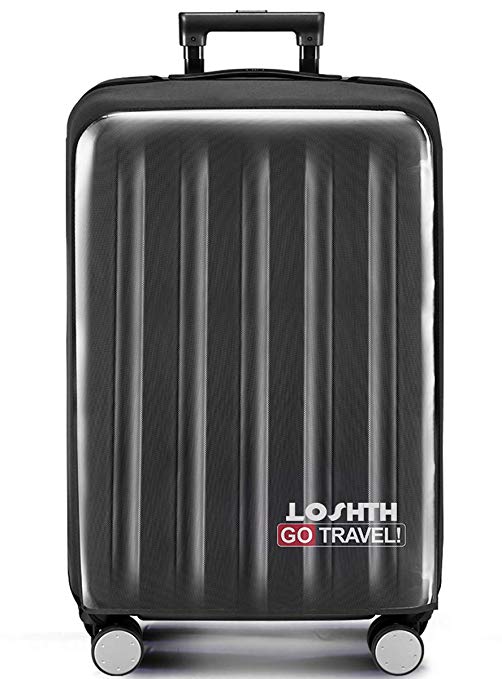 Removal-Free Travel Luggage Cover Suitcase Protector 20" 22" 24" 26" 28" 30" (Elastic Cloth Clear PVC) (30", Black)