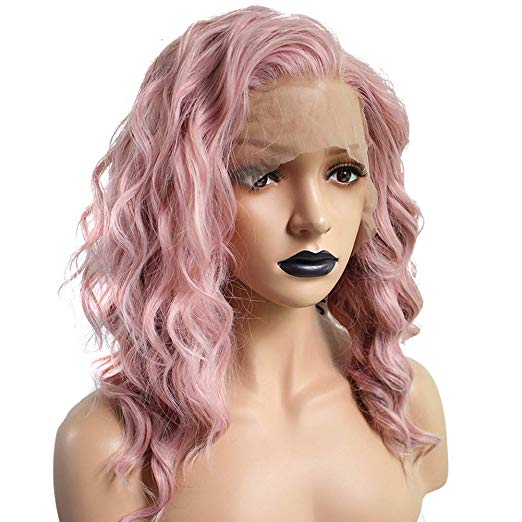 Anogol Hair Cap Pink Lace Front Wig for Women Curly Lace Front Wigs with Side Part Synthetic Lace Front Wig for White Women Wigs with Shoulder Length