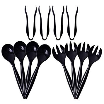 72pcs Plastic Serving Utensils Heavy Duty Disposable Serving Tongs Black Disposable Serving Set 10" Spoons 10" Forks 6" Tongs Each 24pcs Supernal