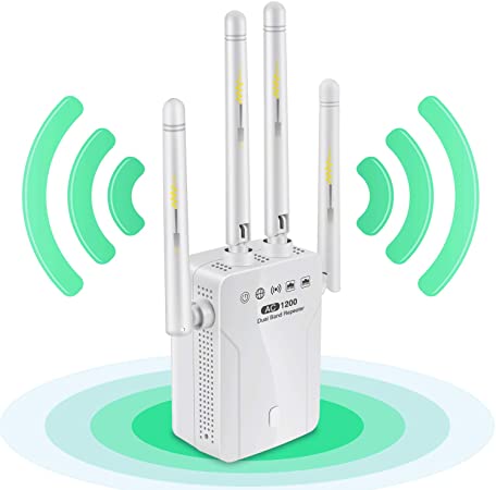 WiFi Booster Range Extender,1200Mbps Wireless Signal Repeater,2.4 & 5GHz Dual Band 4 Antennas 360° Full Coverage,Extend WiFi Signal to Smart Home & Alex Devices