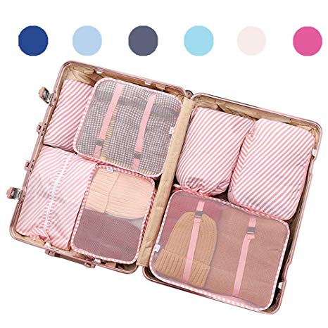 Luggage Organizer, Packing Cubes For Travel With Shoes Bags, Compression Cells, Accessories Bags Made With Wearable Waterproof Material. Perfect for Travel, Long Trips, Camping (Pink Stripe - 7 PCS)