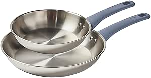 T-fal Essentials Stainless Steel Fry Pan Set 2 Piece, 8" and 10.5", Induction Compatible Oven Safe 350F, Pots and Pans Set, Cooking Skillets, Cookware, Kitchen Frying Pans, Dishwasher Safe Silver/Blue