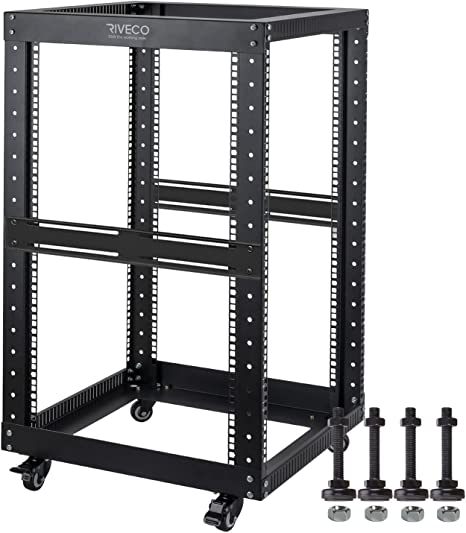 RIVECO 18U Open Frame Server Rack with Brake Casters- Heavy Duty 4 Post Quick Assembly 19-inch Rack Network Durable Black