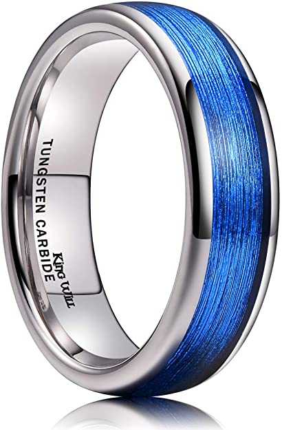 King Will Men's 4mm/6mm/8mm Tungsten Carbide Ring Inlay Blue Silk Texture Paper Wedding Band Dome Style