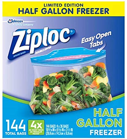 Ziploc Half Gallon Freezer Bags (4 boxes of 36 bags - Total of 144 bags)