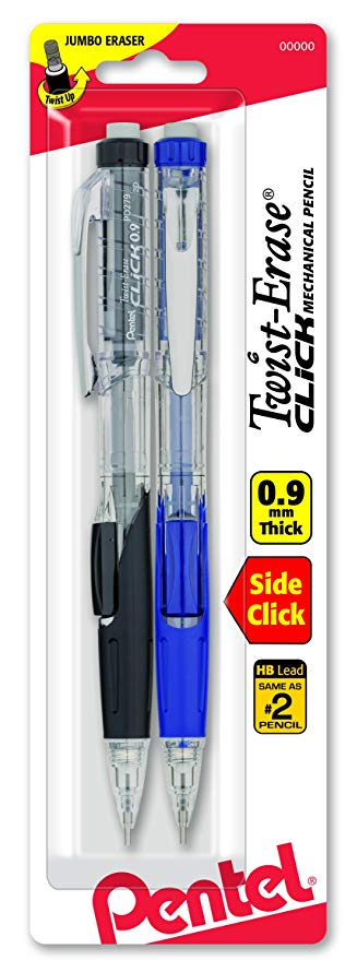 Pentel Twist-Erase CLICK Mechanical Pencil, 0.9mm CLEAR Barrel, 2 Pack (PD279TBP2M)