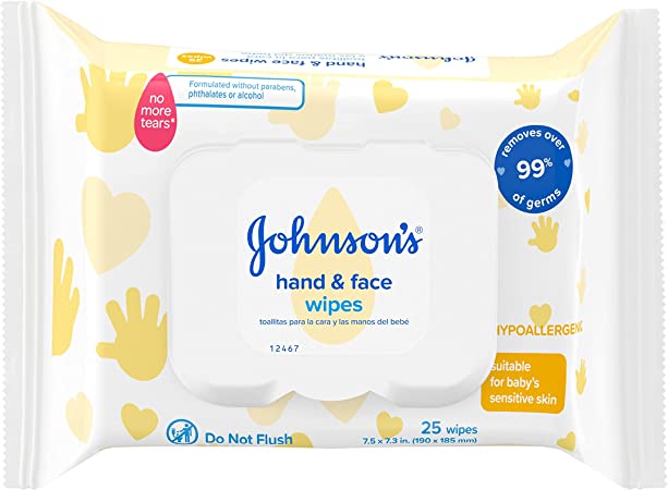 Johnson's Baby Disposable Hand & Face Cleansing Wipes to Gently Remove 99% of Germs & Dirt from Delicate Skin, Pre-Moistened & Allergy-Tested, Paraben-, Phthalate- & Alcohol-Free, 25 ct
