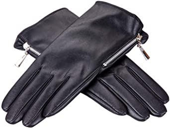 MEZETIHE Women Winter Leather Gloves Black with Zipper Touchscreen Texting Driving Gloves