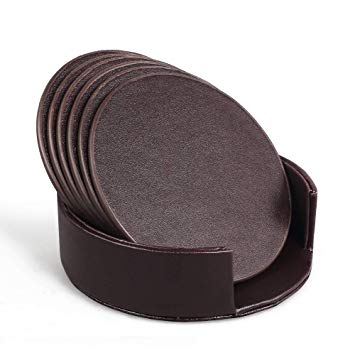 KWANITHINK Leather Coasters, 6pcs Coasters for Drinks with Holder, Drink Coasters Set Protect Furniture from Damage (Brown)