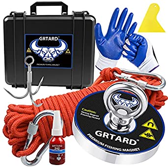 1200LBS Fishing Magnet Kit, Fishing Magnets Pulling-Includes Grappling Hook, Heavy Duty 65FT Rope, Gloves & Locking Carabiner, Threadlocker, and Waterproof Carry Case - 3.55inch Diameter