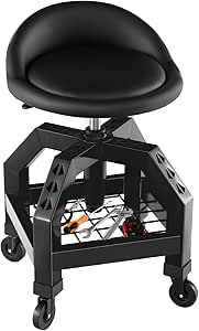 Goplus Mechanic Stool with Wheels, 360 Degree Swivel Rolling Garage Stool with 22.5”-27.5” Height Adjustment, Padded Seat, 330 LBS Capacity, Tool Tray, Heavy Duty Creeper Seat, Shop Stool for Workshop