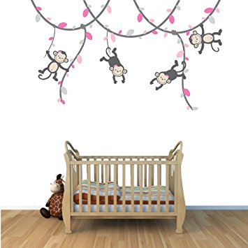 Pink and Gray Monkey Wall Decal for Baby Nursery or Kid's Room, Fabric Vine Decal