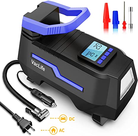 VacLife Tire Inflator for Home (110V) and Car (12V), AC/DC Portable Air Compressor, Bicycles and Other Inflatables, Digital Air Pump with LED Light & Long Power Cords, Model: ATJ-1666, Blue (VL708)