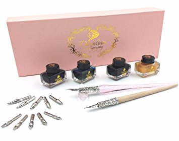Daveliou Calligraphy Pen Set - 17-Piece Kit - PINK Glass Pen - 10 Nib & 4 Ink Set
