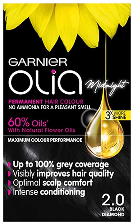 Garnier Olia Black Hair Dye Permanent, Up to 100% Grey Hair Coverage, No Ammonia for a Pleasant Scent, 60% Oils -  Olia Midnight 2.0 Black Diamond