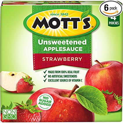 Mott's Unsweetened Strawberry Applesauce, 3.2 oz pouches, 4 count (Pack of 6)